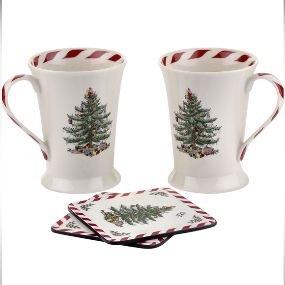 SPODE NWOB “Christmas Tree” Coffee, Tea or Hot Cocoa Set of 2 Mugs & 2 Coasters. - Picture 2 of 10